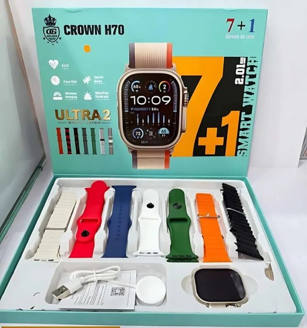 Crown H70 Ultra-2 Smart Watch – 7+1 Straps, Wireless Charging, Bluetooth Calling, Case Cover & Screen Protector | Full-Feature Smartwatch Bundle