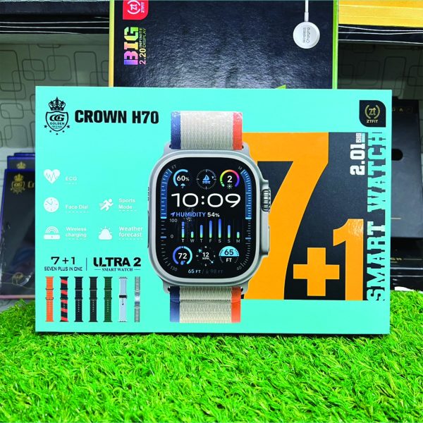 Crown H70 Ultra-2 Smart Watch – 7+1 Straps, Wireless Charging, Bluetooth Calling, Case Cover & Screen Protector | Full-Feature Smartwatch Bundle