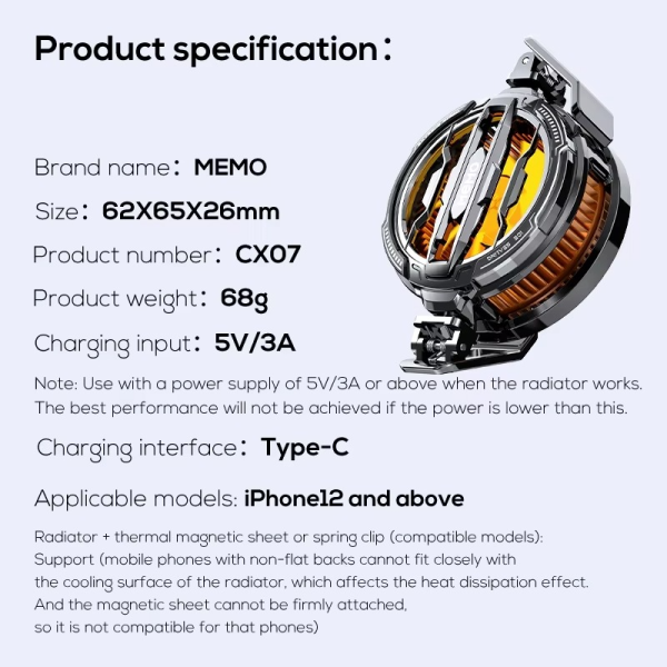 Memo CX07 Magnetic Phone Cooling Fan – Heat Dissipator Radiator for iPhone & Android | Ultra-Fast Mobile Cooler (Random Color)